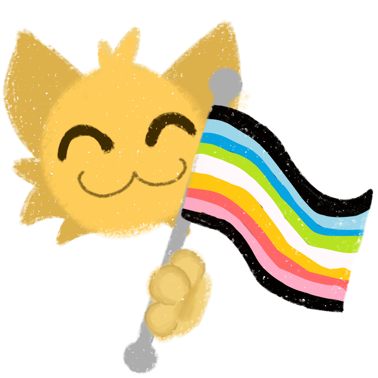  a cute, stylized, yellow cat-like character with a happy expression, holding a Queer Pride Flag, which includes horizontal stripes in the following colors from top to bottom: light blue, white, yellow, light green, pink, white, and blue. The cat character has round, simple facial features, and the image has a textured, slightly rough, hand-drawn style.